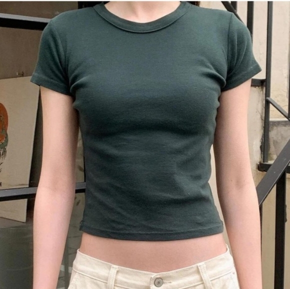 Brandy Melville Tops - BRANDY MELVILLE Dark Green Cotton Cropped Shirt One Size